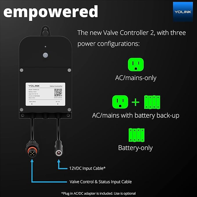 YoLink Wireless Smart Valve Control Kit, NSF Certified 1-1/2" Stainless Steel Motorized Valve, Wireless Controller 2, LoRa Long Range, D2D Offline with Leak Sensors, 2 Years Battery Backup