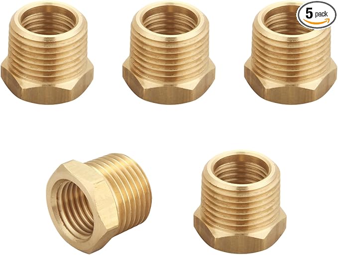 3/8 Inch Male x 1/4 Inch Female Reducing Adapter, NPT Brass Hex Bushing, Hex Head Pipe Fitting, Thread 0.625" OD × 0.5" ID, (Pack of 5)
