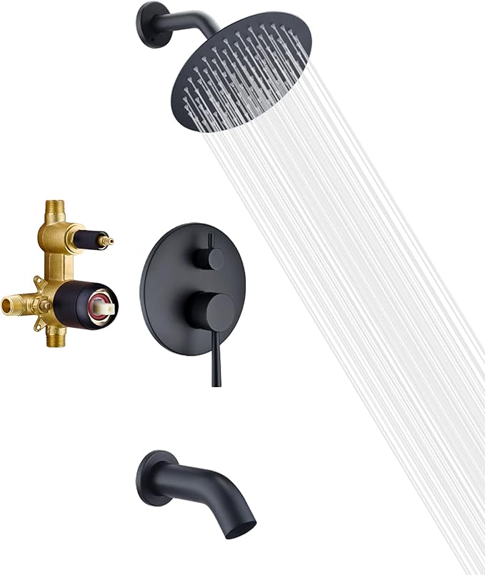 sumerain Tub and Shower Trim Kit with Rough in Valve, Black Shower Faucet with Tub Spout, 8 Inch Shower Head, Pressure Balance Cartridge