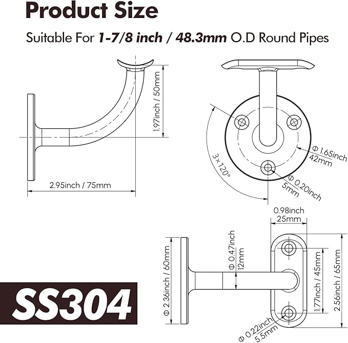 Hand Rail Bracket, 2 Pack Stainless Steel 304 Heavy Duty Hardware for 1-7/8 inch (48.3mm) Pipe Stairways, Home or Office Stair Support Handrail Brackets