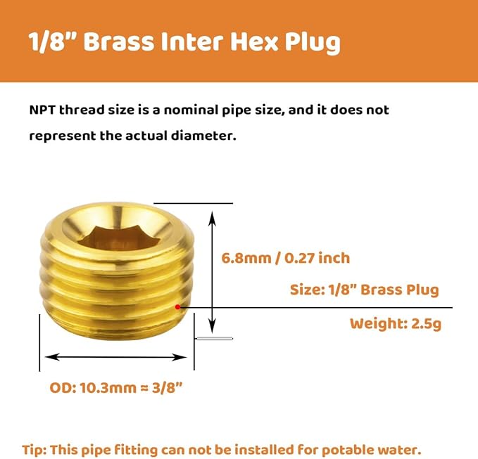 (6-Piece) Besosay 1/8" NPT Brass Pipe Plug Fitting, Counter Sunk Thread Internal Hex Head Style Male for Closing the End of Pipe