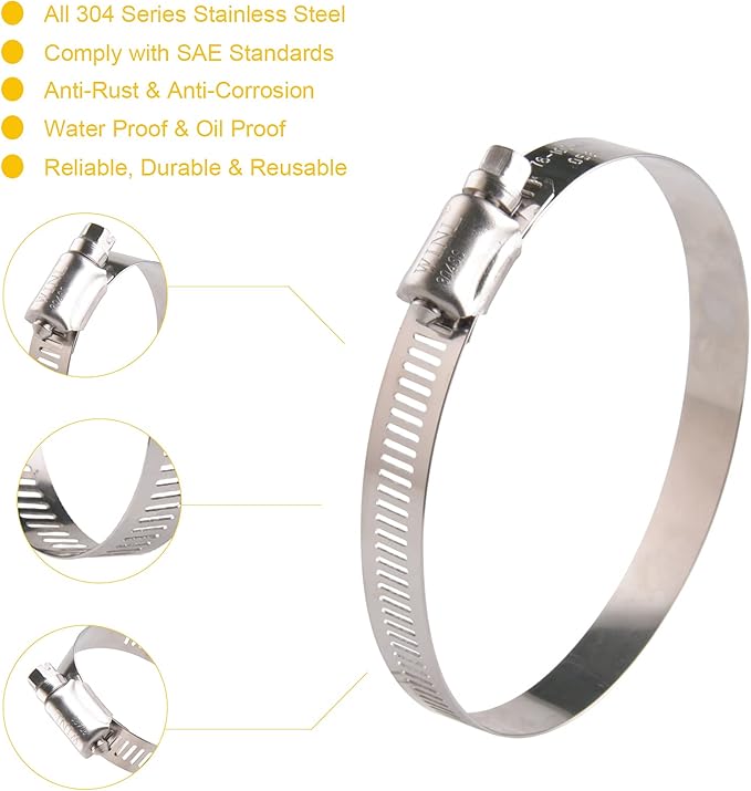 WINL 3.5'' Stainless Steel Hose Clamps- 8 Pack SAE 56 Worm Gear Drive Hose Clamps 3 Inch to 4 Inch (76mm-102mm) for Automotive Plumbing, 3 1/2'', 3 3/4’’, 3 1/4'' Clamps
