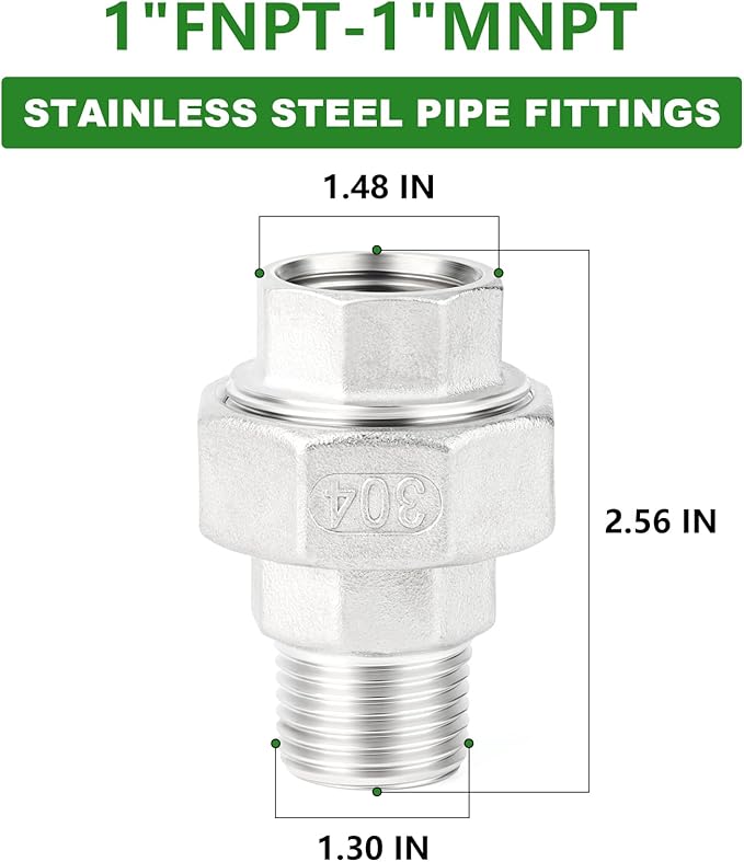 TAISHER 1PCS 304 Stainless Steel Union，1" NPT Male x 1" NPT Female Cast Pipe Fitting