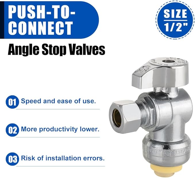 Pro 4-Pack EFIELD Push Fit 1/4 Turn Angle Stop Valve,1/2 Push Fit x 3/8 Inch Compression, Chrome Plated LF Brass, Heavy Duty With Disconnect Clip,(PF-VALVE082)