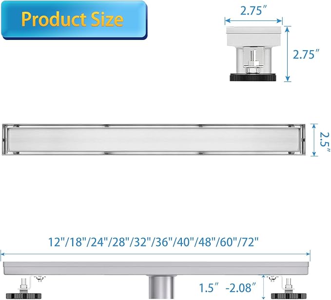 Linear Shower Drain, 36 inch Drain with Tile Insert 2-in-1 Panel, Brushed 304 Stainless Steel Shower Floor Drain, Linear Drain with Hair Strainer and Adjustable Feet