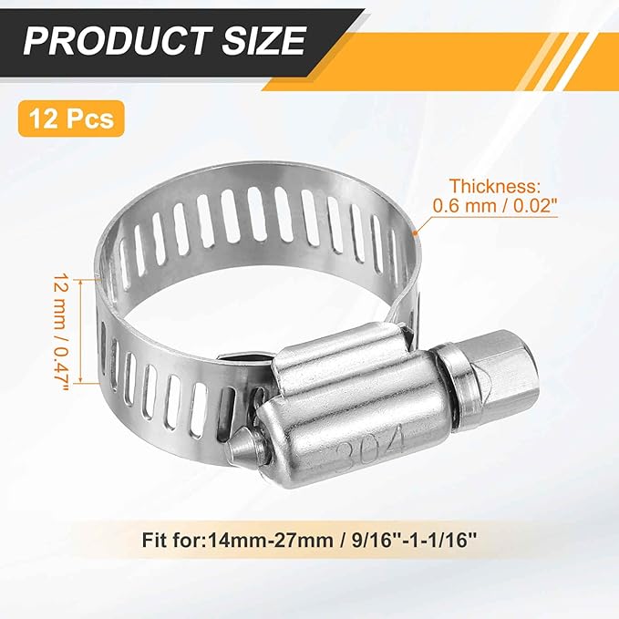 HARFINGTON 12 Pcs Hose Clamp 9/16"-1-1/16" (14-27mm) 304 Stainless Steel Adjustable Worm Gear Hose Clamp with Phillips Screw Assortment Kit for Fuel Line Pipe Plumbing Automotive Tube