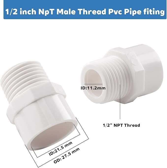 12Pack 1/2" PVC Male Adapter Pipe Fittings (Socket x Pipe Thread) 2-Way PVC Hose Adapter Coupling with 1/2 Inch Male Thread, Schedule 40, White