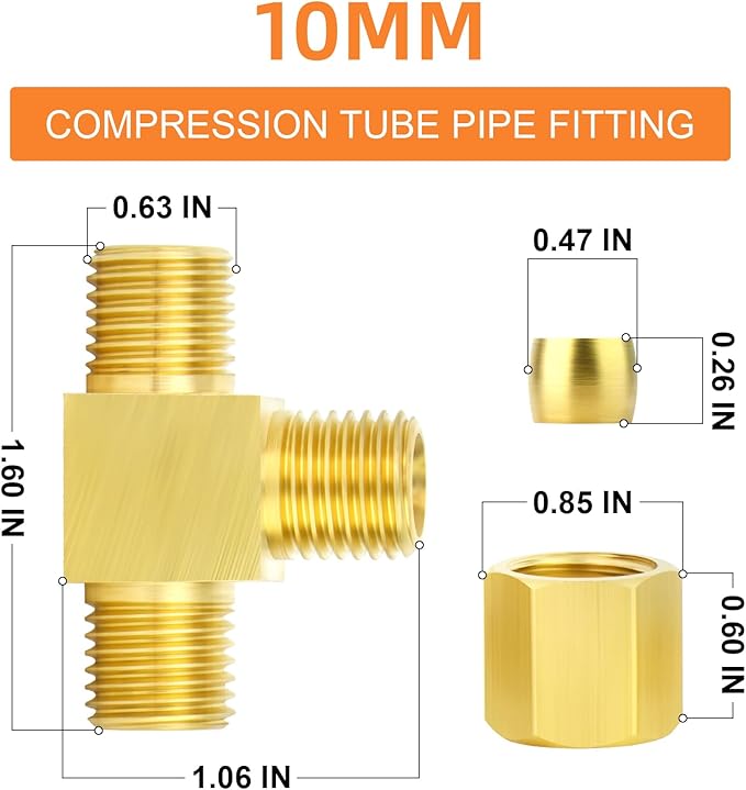 GASHER 2PCS Brass Compression Tube Pipe Fitting Connector, Tee，10mm x 10mm x 10mm Tube OD Connector