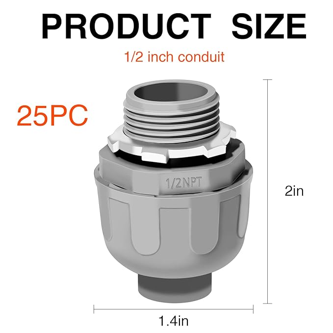 1/2 Liquid Tight Connector - 25 Pack Liquid Tight Conduit 180 Degree PVC Electrical Conduit Fitting Non Metallic Straight Flexible Conduit Connectors for Indoor Outdoor Home, Kitchen, and Bathroom