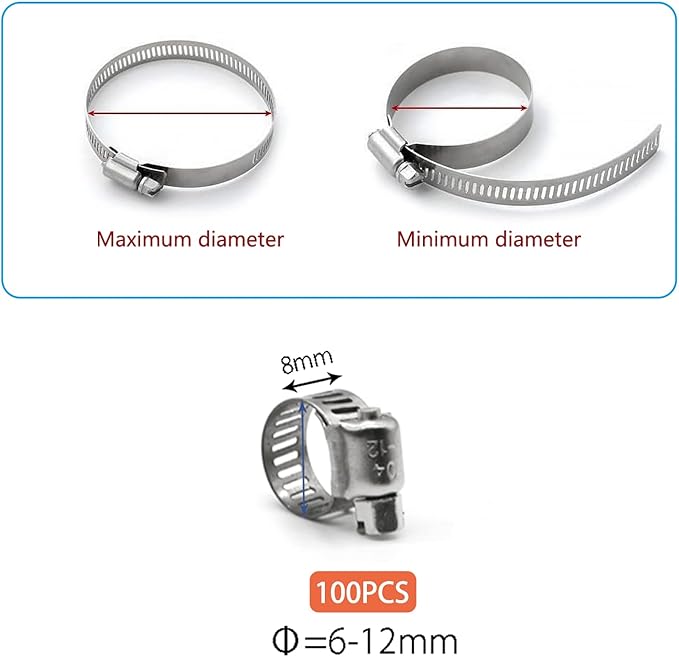 Small Hose Clamp, 100 Pack Hose Clamps Stainless Steel Worm Gear Fuel Line Hose Clamps, 6-12mm (1/4-1/2 inch)