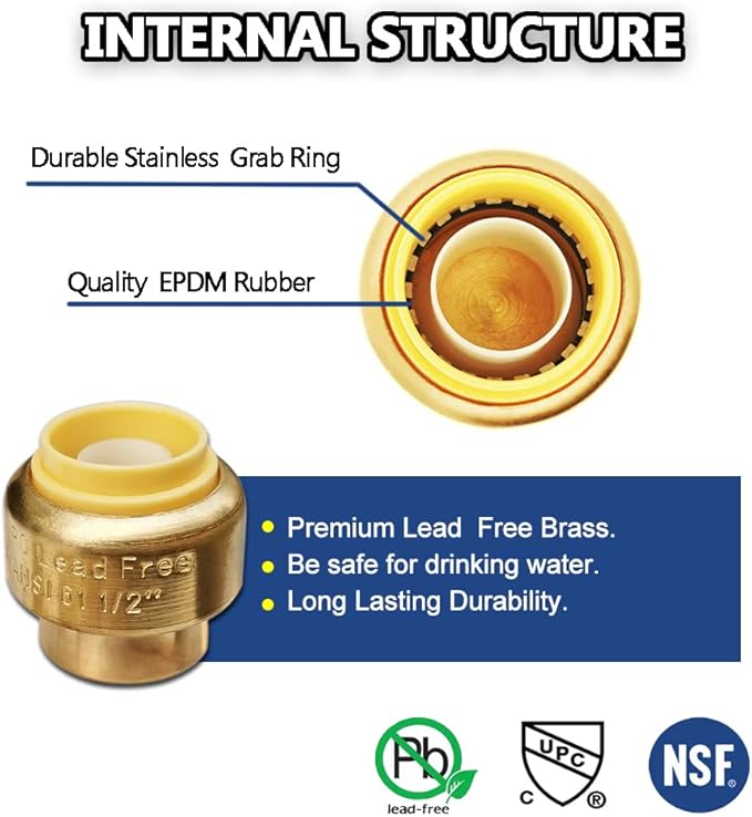 HQMPC 1/2" Push Fit PEX End Cap, Push-to-Connect Brass Plumbing Fittings No Lead Brass Plumbing Fittings with Disconnect Clip for Copper, CPVC 12Pcs