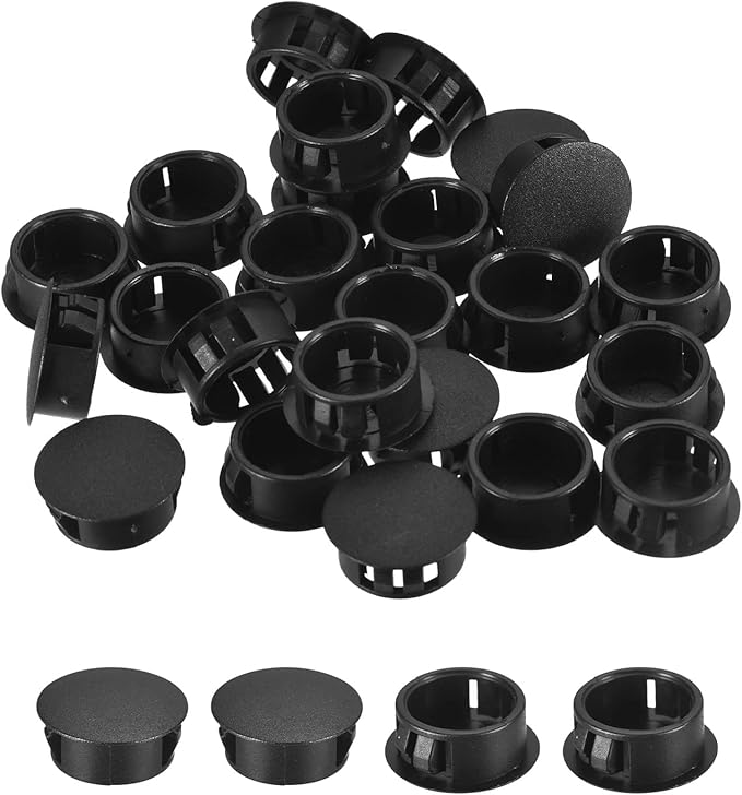 uxcell 25/32" Plastic Hole Plugs, 36Pcs Flush Type Panel Round Snap in Fastener Knockout Locking Plugs for Furniture Insert End Caps Panels, Black