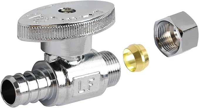 Hourleey 10 Pack Straight Stop Valve, Water Shut Off Valve 1/2" PEX x 3/8" OD Compression, Quarter Turn Chrome Plated Brass Valve for Faucets and Toilets