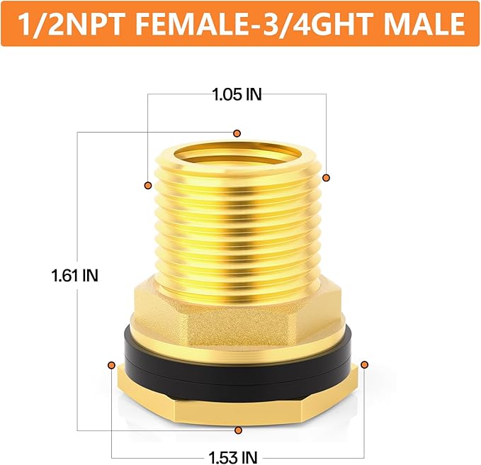 GASHER Brass Garden Hose Bulkhead Fitting With Plug, 1/2" Female NPT, 3/4" Male GHT(garden Hose Thread) Bulkhead Tank Connector Adapter Fitting with Rubber Ring(2 Pack)