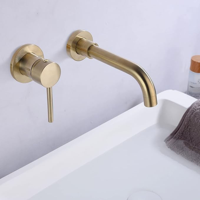 sumerain Wall Mount Bathroom Faucet Brushed Gold Lavatory Faucet, Single Left-Handed Handle