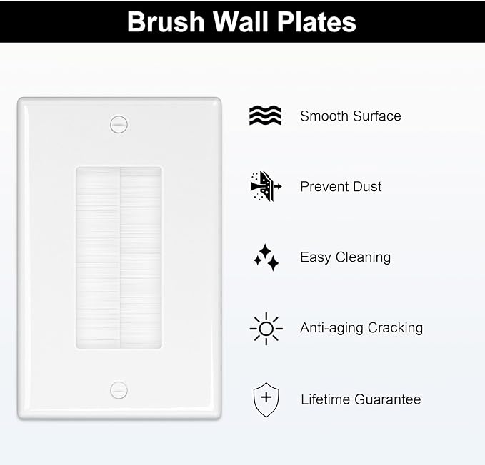 FGB 10 Pack Brush Wall Plate with Low Voltage Mounting Bracket, Cable Pass Through Wall Plate for Wires, Single Gang Cable Access Strap, Wall Socket - White