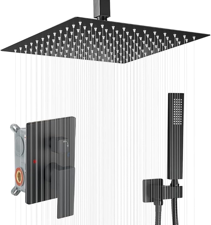 16 Inch Ceiling Mount Matte Black Shower System Bathroom Luxury Rain Mixer Shower Combo Set Ceiling Rainfall Shower Head System (Contain Shower Faucet Rough-in Valve Body and Trim Kit)