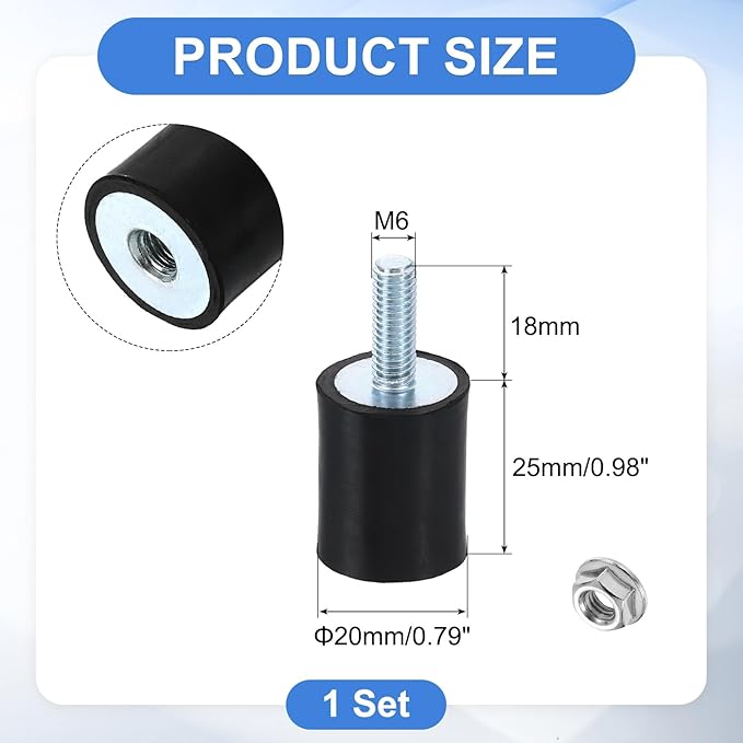 uxcell M6 Rubber Mounts, 1Pcs 25x25mm(DxH) Rubber Cylindrical Anti Vibration Isolator Shock Absorber with Lock Nuts for Car Bobbin Generator Air Compressors