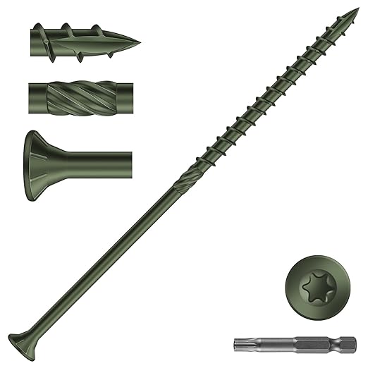 #14 x 8 Inch Deck Screws (17Pcs) 1lb. Carbon Steel, Green, Flat Head, Rust Resistant epoxy Coated, with T30 Star Bit