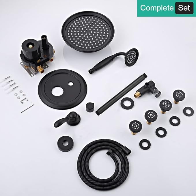 Homekice Antique Shower Faucet-Sets Complete Fixtures: 9 inch Ceiling Rain Head with Handheld Spray and Body Jets, 3 Way Diverter Brass Rough in Valve System Included Trim Kit, Matte Black