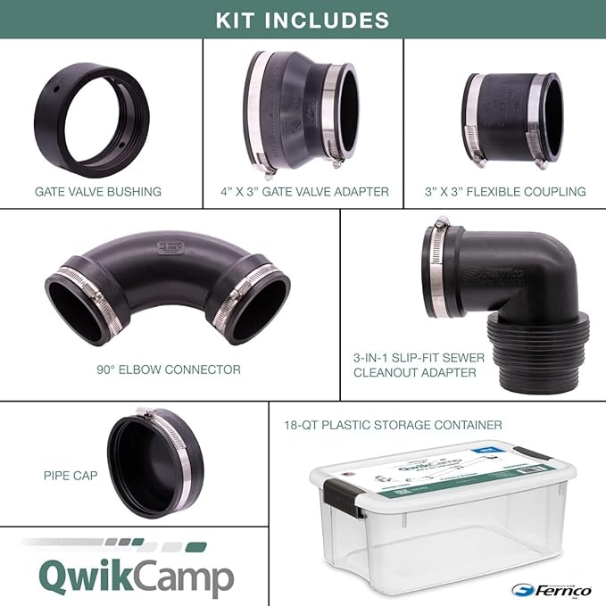 Fernco QwikCamp RV and Camper Sewer Waste Plumbing Connection System Kit with Slip Fit Coupling Adapter in Black