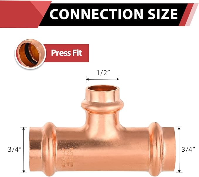 (Pack of 10) EFIELD 3/4" x 3/4" x 1/2" Copper Press Fit Tee For Copper Tube Connection, LBP Design, Heavy Copper Structure,(PRESS018)