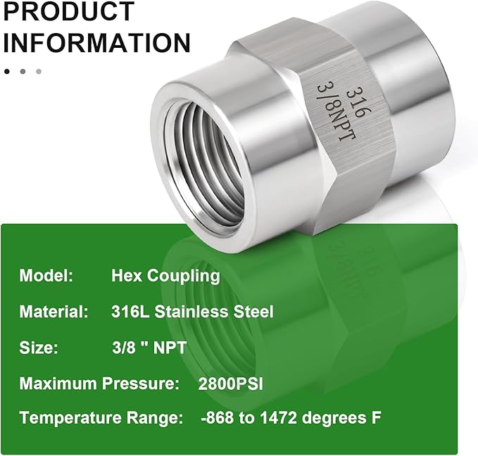 TAISHER 5PCS Forging of 316L Stainless Steel Pipe Fitting, Coupling, 3/8" NPT Female x 3/8" NPT Female, Pipe Adapter Fitting