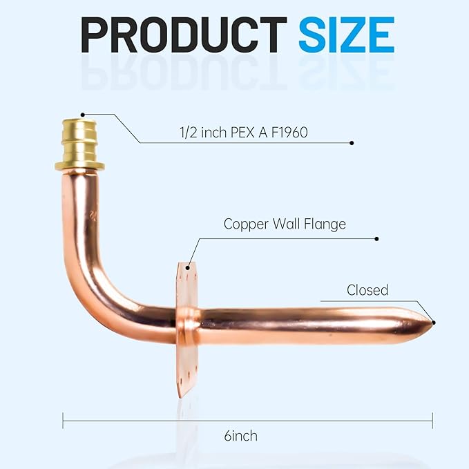 PEX-A Expansion Copper Stub Out Elbow with Wall Flange, 1/2" x 6" F1960 Certified - Lead-Free Plumbing Fittings for PEX-A Tubing (4 Pack)
