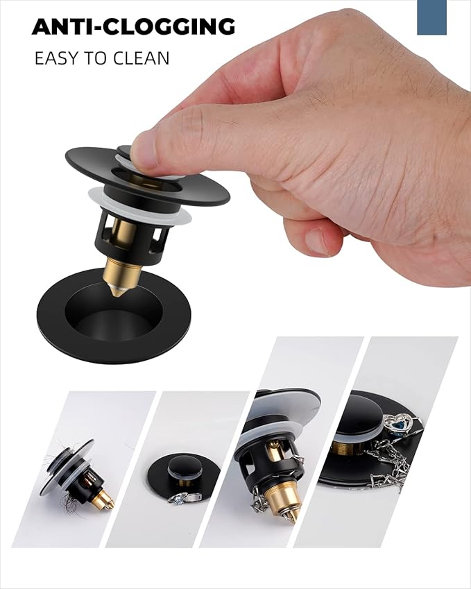Hibbent 2 Pack All Metal Universal Bathroom Sink Stopper for 1.1''~2.3'' Basin, Pop Up Sink Drain Strainer, Brass Bullet Core Push Type Stopper, Stainless Steel Anti Clogging Drain Filter, Matte Black