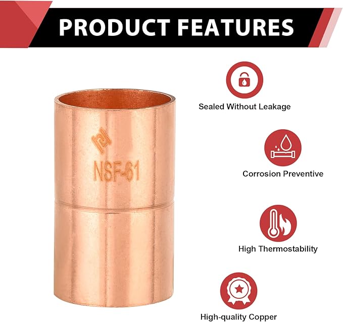 Pro 30-Pack EFIELD 5/8-Inch C X C Copper Coupling With Rolled Stop, LF Copper Plumbing Fittings with Sweat Solder Connection,(COPPER086)