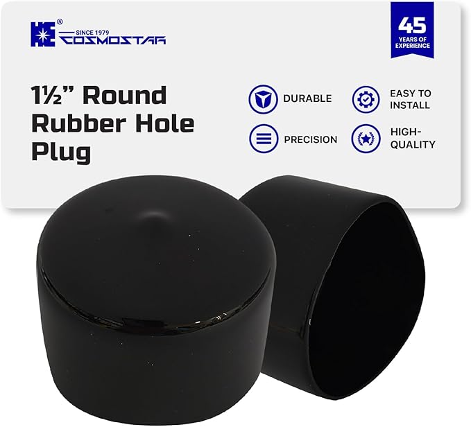 Cosmostar 1.5" Round Rubber Hole Plugs – Fit 1.50" to 1.56" Outer Diameter Tube | Black End Caps for Metal Pipes – Durable, Easy Glide, Secure Fit (10-Pack)