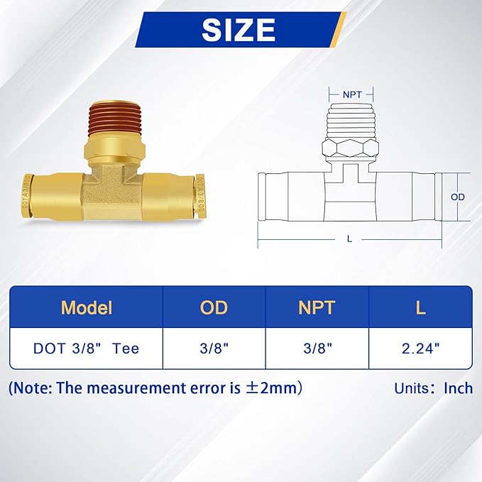3/8" DOT Air Brake Fittings Tee, 3PCS Brass Push to Connect Fittings 3/8" Tube OD × 3/8" NPT × 3/8" Tube OD Tee Union to Male Pipe Swivel for Truck Trailers Air Brake System