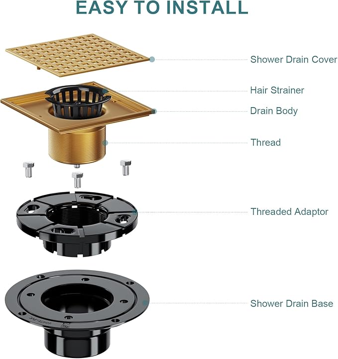 4-1/4" Square Shower Drain Kit - Champagne Bronze 304 Stainless Steel Low Profile Floor Drain with ABS Flange & Hair Catcher (Fits 2"/3" Pipes, Gold Finish)