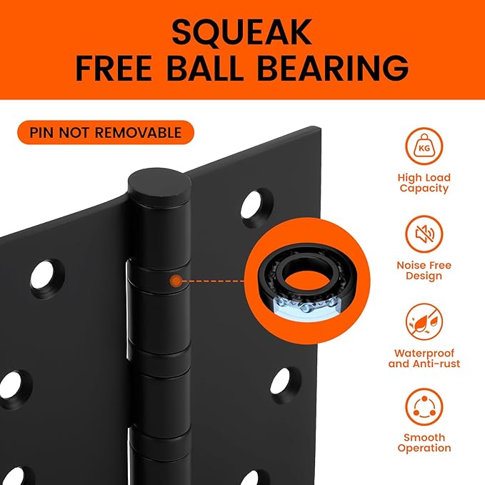 Haidms 304 Stainless Steel Matte Black 4'' Door Hinges for Exterior Doors Ball Bearing Door Hinges 4in x 4in with Square Corners, Heavy-Duty, 6PACK