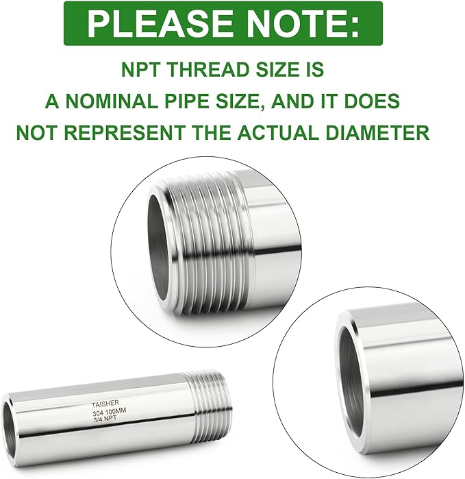 TAISHER 2PCS 304 Stainless Steel Pipe Fittings, 3/4" NPT Male Threaded, 4" Length Weld Nipple Cast Pipe
