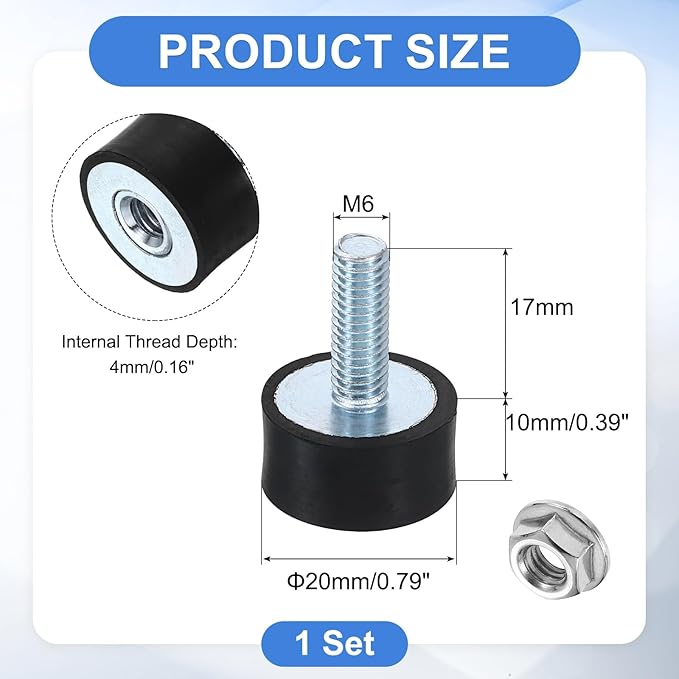 uxcell M6 Rubber Mounts, 1Pcs 20x10mm(DxH) Rubber Cylindrical Anti Vibration Isolator Shock Absorber with Lock Nut for Car Bobbin Generator Air Compressors