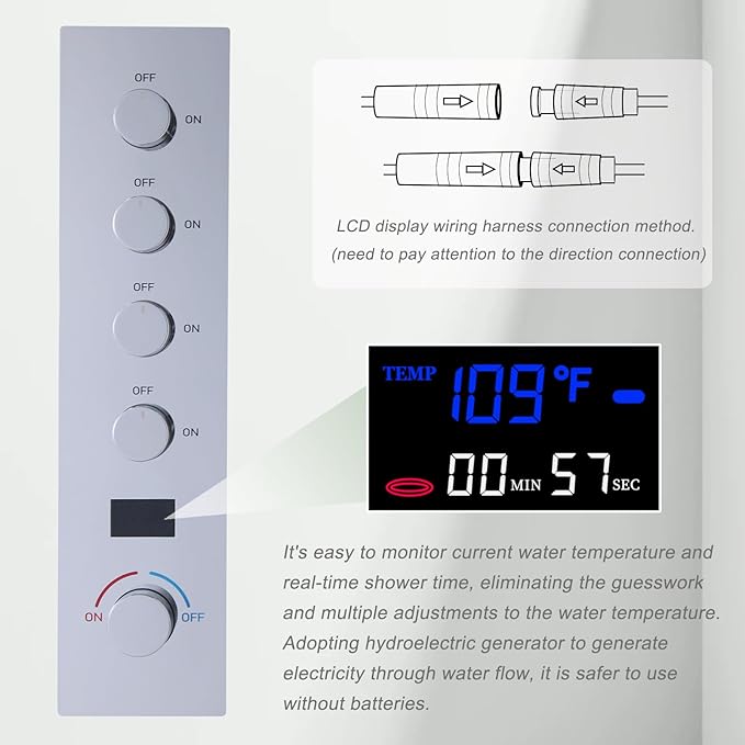 Shower Valve Concealed Shower Mixing Faucet with Temperature Display Function, Flow Control Brass Diverter Valve Kit, 4 Function Can Be Activated Simultaneously, Chrome