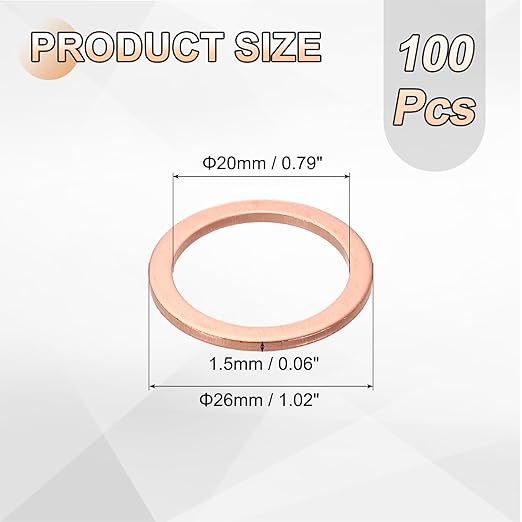 uxcell 100Pcs M20 Flat Washer Copper Washer Sealing Rings, 20mm ID 26mm OD 1.5mm Thickness Copper Crush Washers Metric Sealing Gasket for Plumbing Machinery Automotive