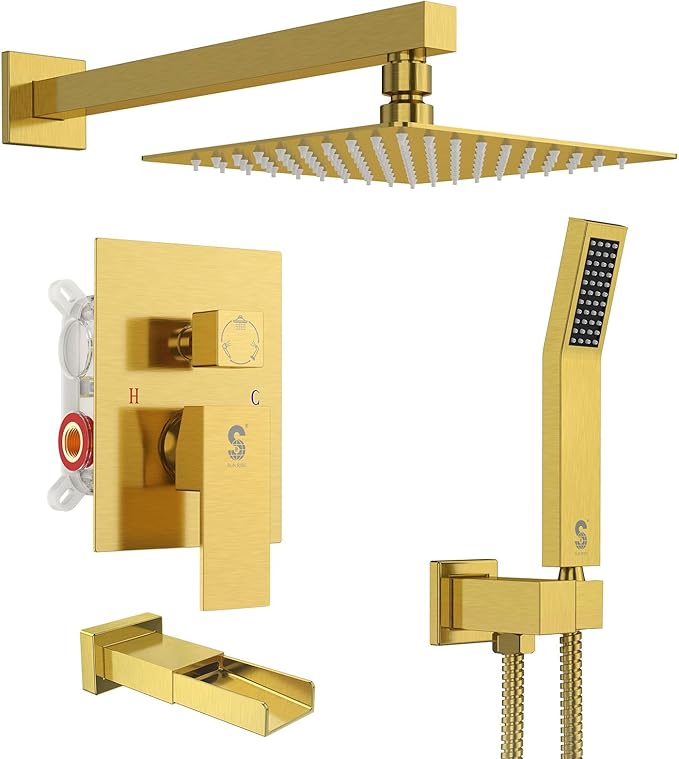 SR SUN RISE 12 Inches All Metal Square Shower System with Tub Spout, Tub Shower Faucet Set, High Pressure Rain Shower Head and Handheld Sprayer Combo Shower Fixtues, Valve Included, Brushed Gold