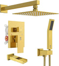 SR SUN RISE 12 Inches All Metal Square Shower System with Tub Spout, Tub Shower Faucet Set, High Pressure Rain Shower Head and Handheld Sprayer Combo Shower Fixtues, Valve Included, Brushed Gold