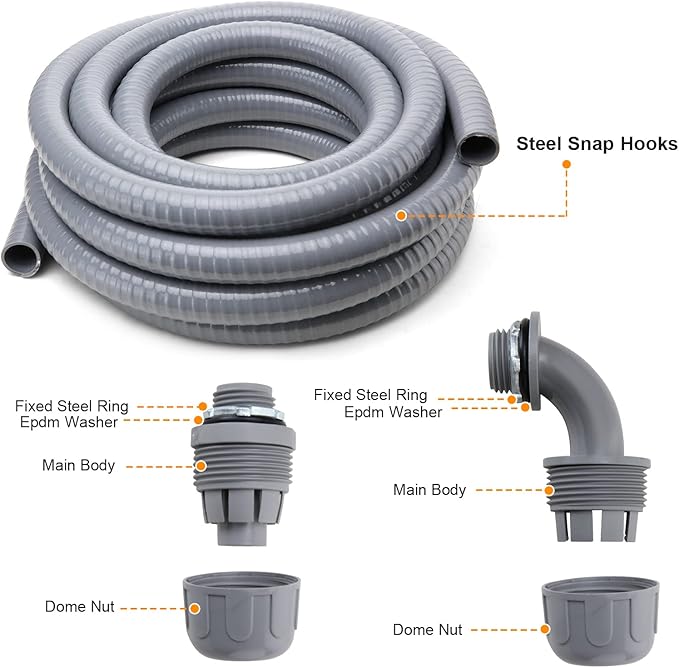 DWALE Liquid-Tight Conduit and Connector Kit,Flexible Non Metallic Liquid Tight Electrical Conduit,1/2inch 50ft Electrical Conduit Kit,with 8 Straight and 8 Angle Fittings Included,1/2 in. Dia