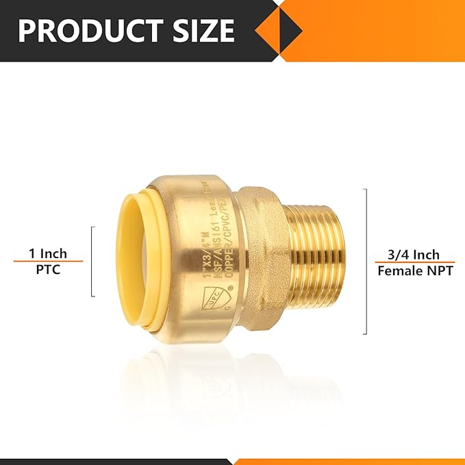 20-Pack HeSun Pushfit Male Adapter, 3/4" MNPT x 1" Push to Connect Plumbing Fittings with Disconnect Clip, Brass Push-fit Fittings for PEX, Copper, CPVC, PE-RT Pipes(PF150-20)