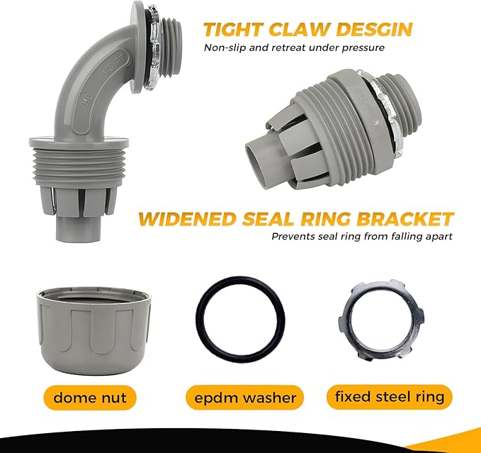 Conduit Connectors, 1/2 Inch Liquid Tight Connector NPT Non-Metallic for PVC Electrical Flexible Conduit Fittings, 15 Straight and 15 Angle 90 Degree, UL Listed, Grey (30-Pack)