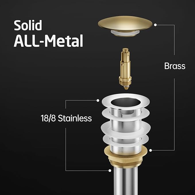 KES Vessel Sink Drain Pop Up Drain with Overflow Bathroom Stopper Assembly Brushed Gold for 1.6"-1.9" Sink Hole, All Metal Rustproof Brass and 304 Stainless Steel, S2008A-BZ
