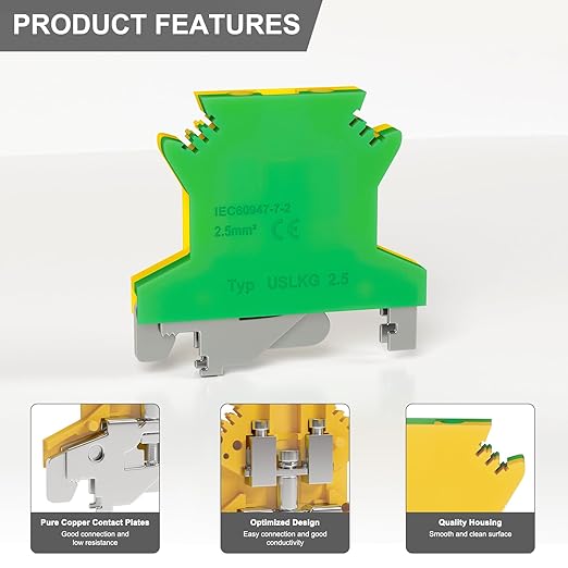 10 Pcs USLKG2.5 Ground Circuit Connection Terminal Block, DIN Rail Mounted CENylon PA6 Terminal Blocks, 800V 32A, 2.5 mm²AWG