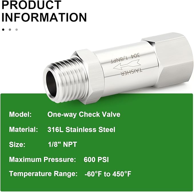 TAISHER 1PCS 316L Stainless Steel 1/8" NPT Male x 1/8" NPT Female Check Valve,Backflow Prevention,One Way Non-Return Check Valves