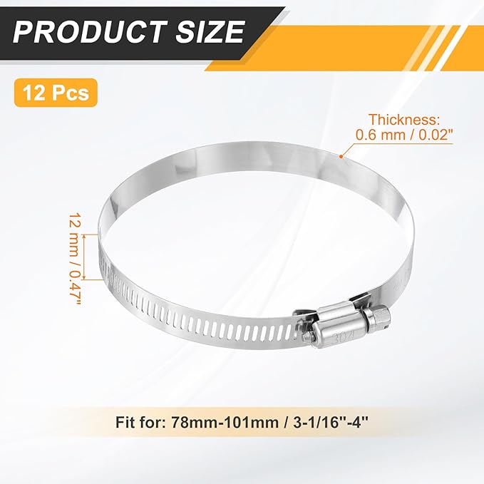 HARFINGTON 12 Pcs Hose Clamp 3-1/16"-4" (78-101mm) 304 Stainless Steel Adjustable Worm Gear Hose Clamp Assortment Kit for Fuel Line Pipe Plumbing Automotive Tube Mechanical