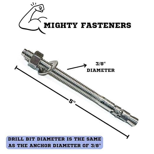 Wedge Anchors – Heavy-Duty 304 Stainless Steel Expansion Bolts for Concrete & Masonry, Rust-Resistant & Durable - 3/8" X 5" - 50 Pack
