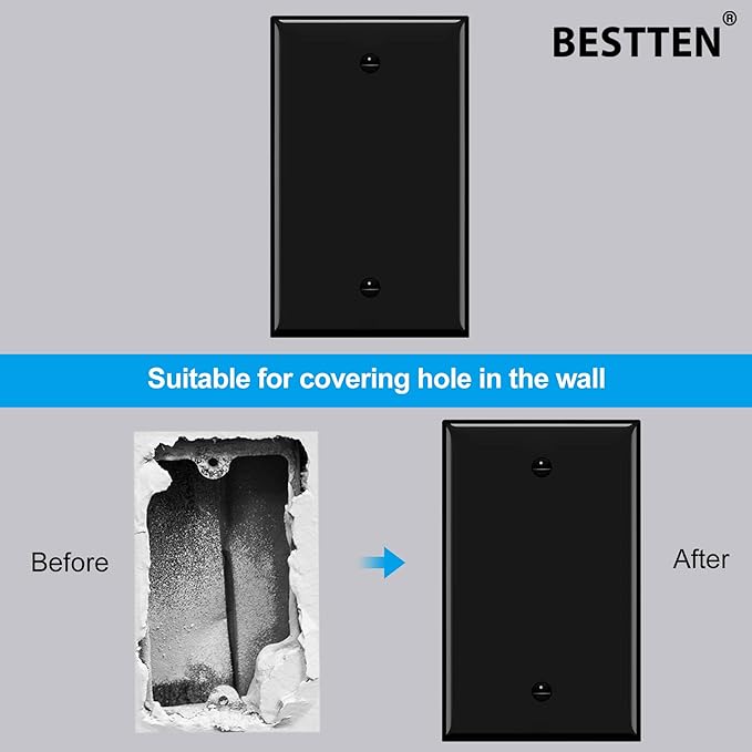 BESTTEN [10 Pack] 1-Gang No Device Blank Wall Plate, Standard Size, H4.53” x W2.76”, Unbreakable Polycarbonate Thermoplastic Outlet Cover, UL Listed, Black