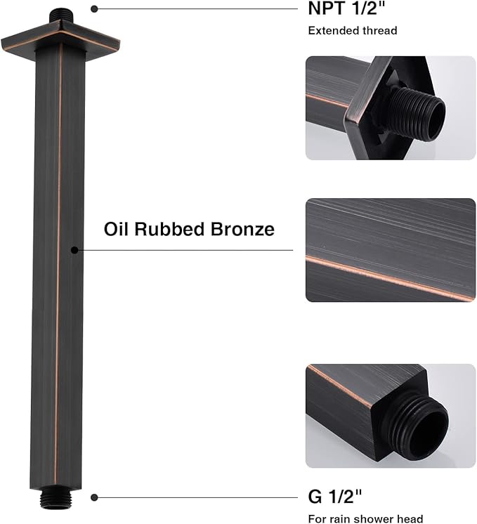 TRUSTMI Square Shower Arm with Flange, 12 Inch Ceiling Mounted Extension Arm, Square Shaped Rainfall Shower Head Extender Arm, Oil Rubbed Bronze